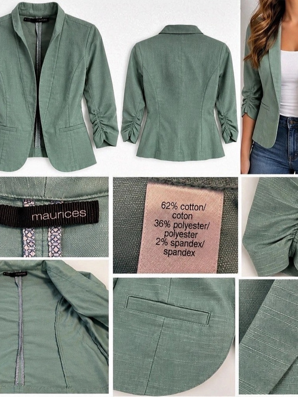 Maurices Mint Green Ruched Sleeve Open Front Blazer – Size Medium